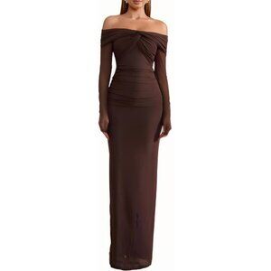 Off Shoulder Long Sleeve Bodycon Maxi Dress Mesh Twist Ruched Wedding Guest Form